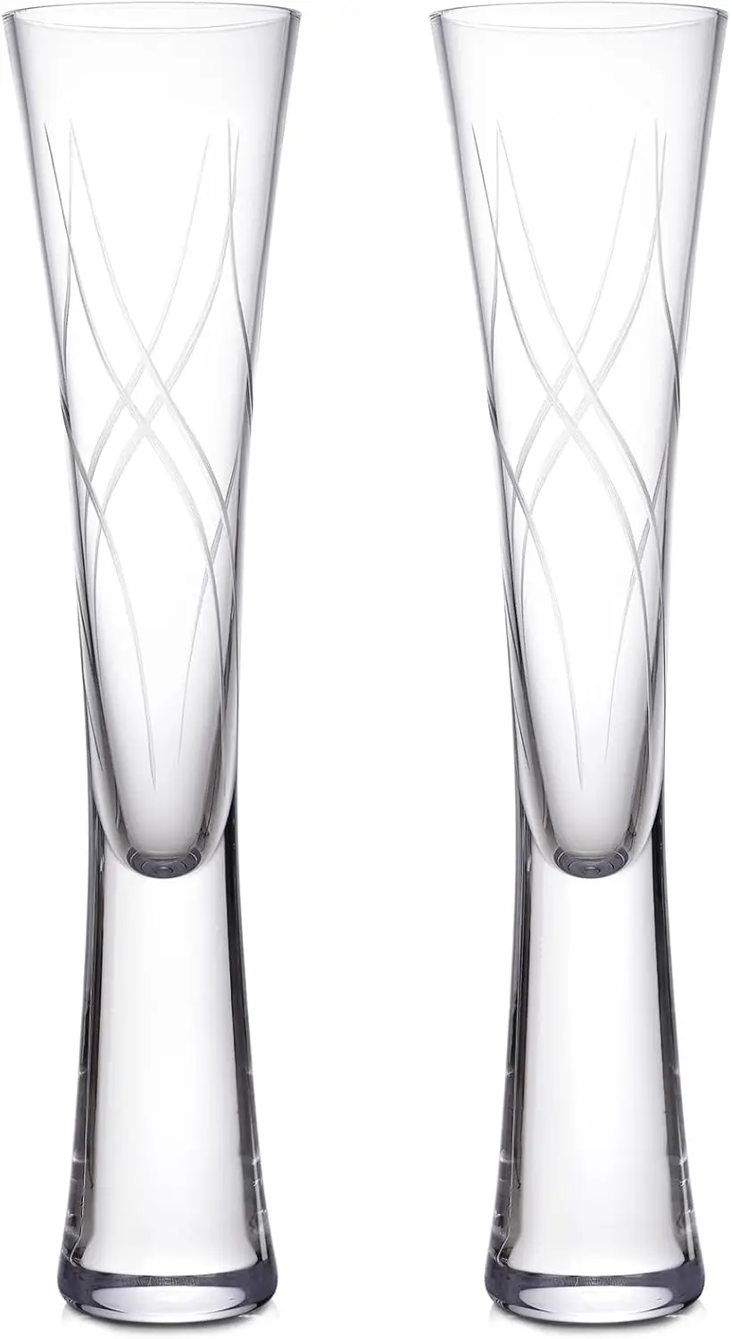 

Champagne Glasses, 5 oz Mouth-Blown Crystal Flutes with Hand-Carved Design, Set of 2 for Wedding Anniversary