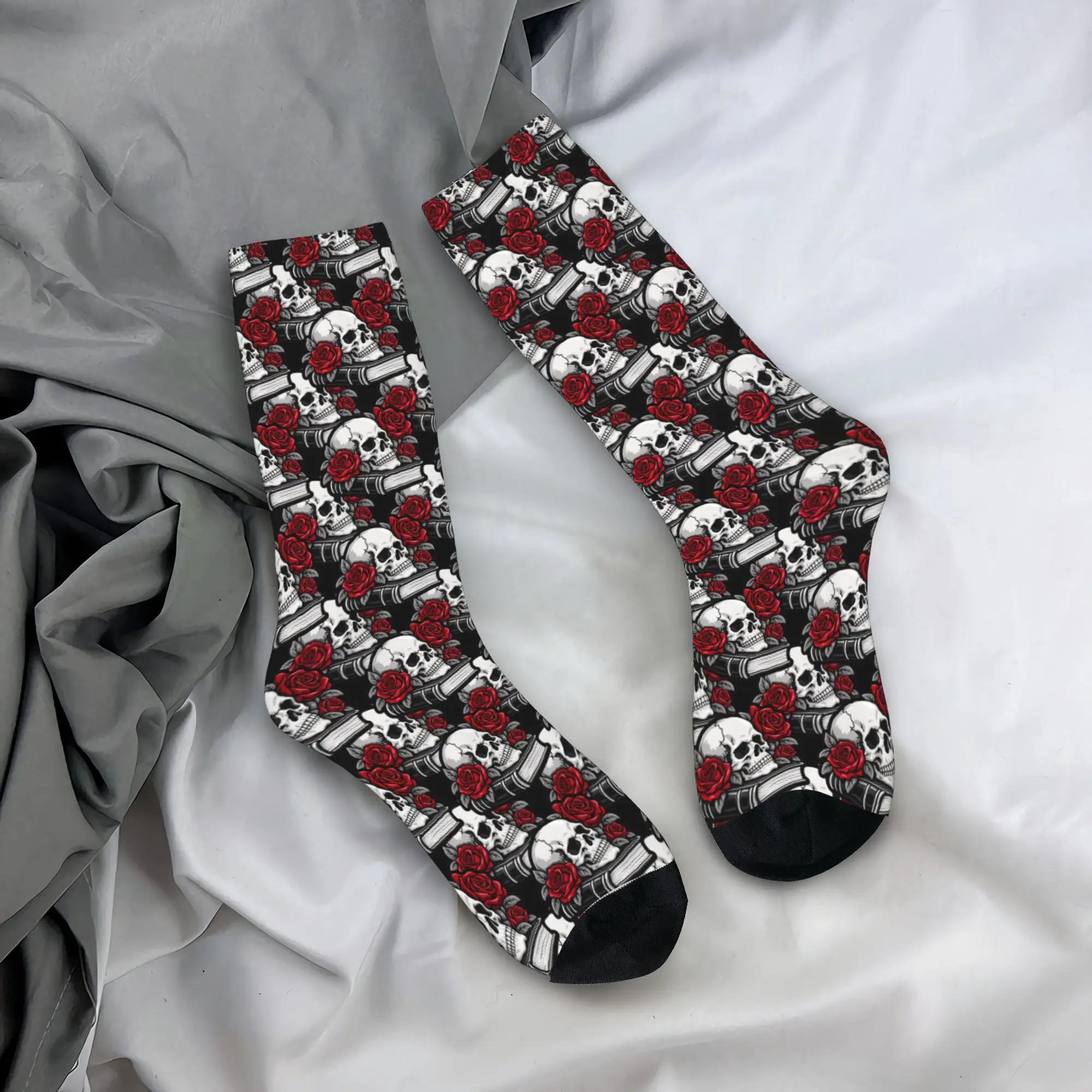 Halloween Theme Skull Book Red Rose Stockings  Elegant Socks Women Men Comfortable Socks Winter Sports Anti Bacterial Socks Gift