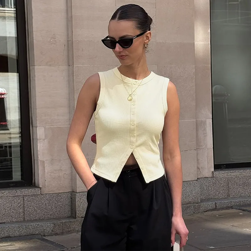 

Talenza Women's Summer Cardigan Vest Fashion Solid Slim Ribbed Button Patchwork Vest T-Shirts New Casual Streetwear Female Tops