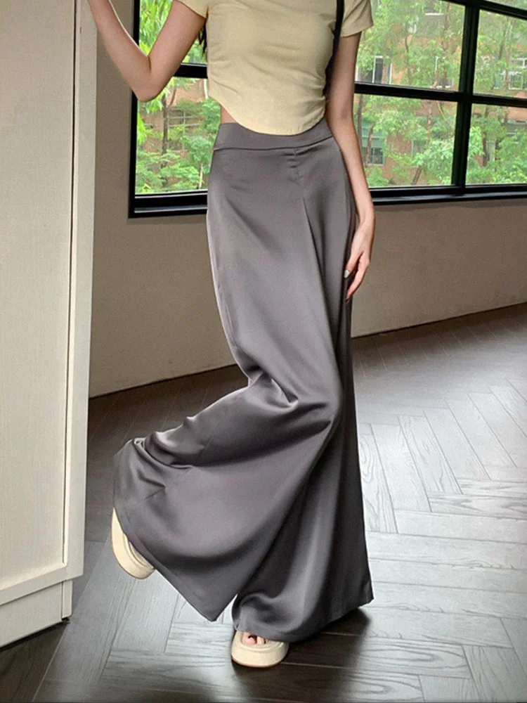 Satin Wide-Leg Pants Women Spring Bell-Bottoms Pants Loose Casual Pants High Waist Oversized Long Pantalons