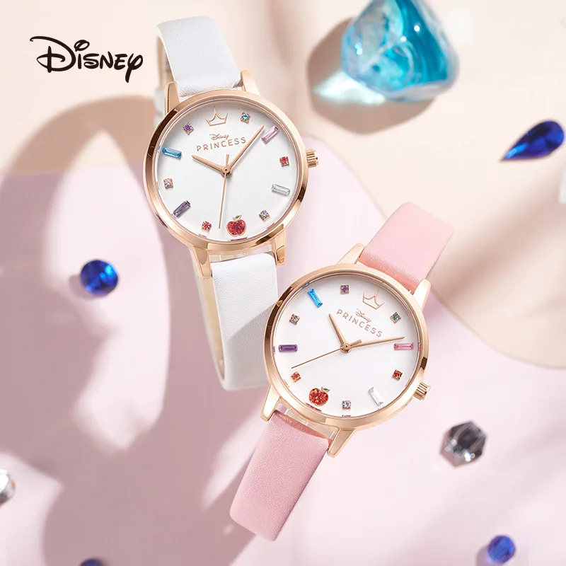 Disney-reloj de cuarzo con incrustaciones de colores para niñas, reloj de estudiante de secundaria con caja, estilo dulce, Serie de princesas, regalo para niños