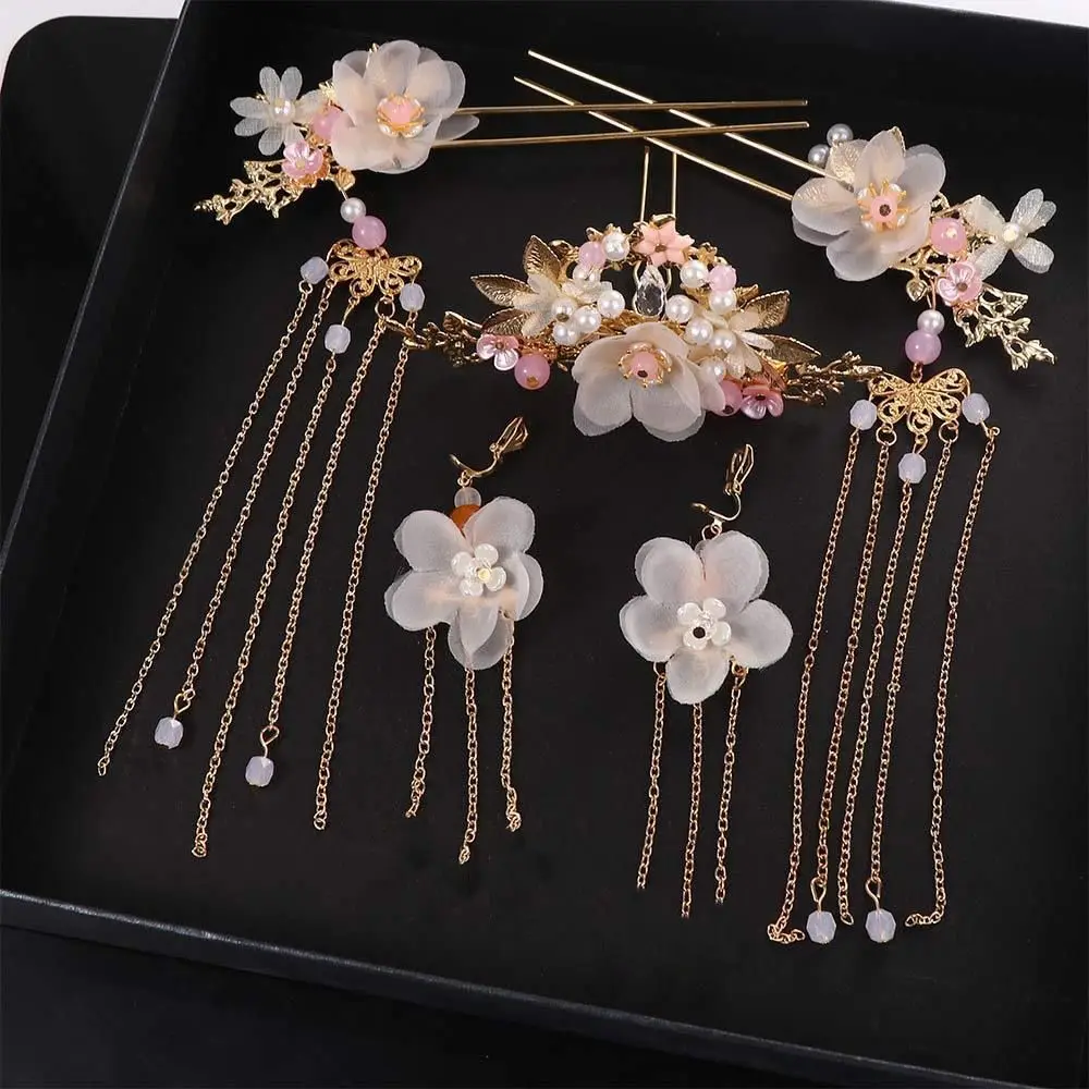 Girls Hair Clips Handmade Fashion Chinese Long Crystal Hanfu Hair Stick Headwear Sets Earrings Hair Comb