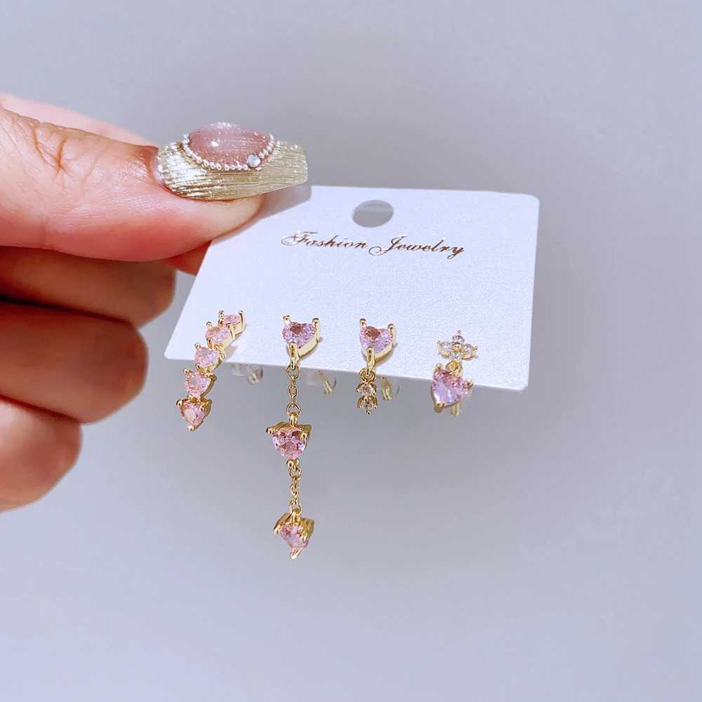 New In 4pcs/set Mix and Match Heart Stud Earrings for Women Girls Gold Color Pink Cubic Zircon Jewelry