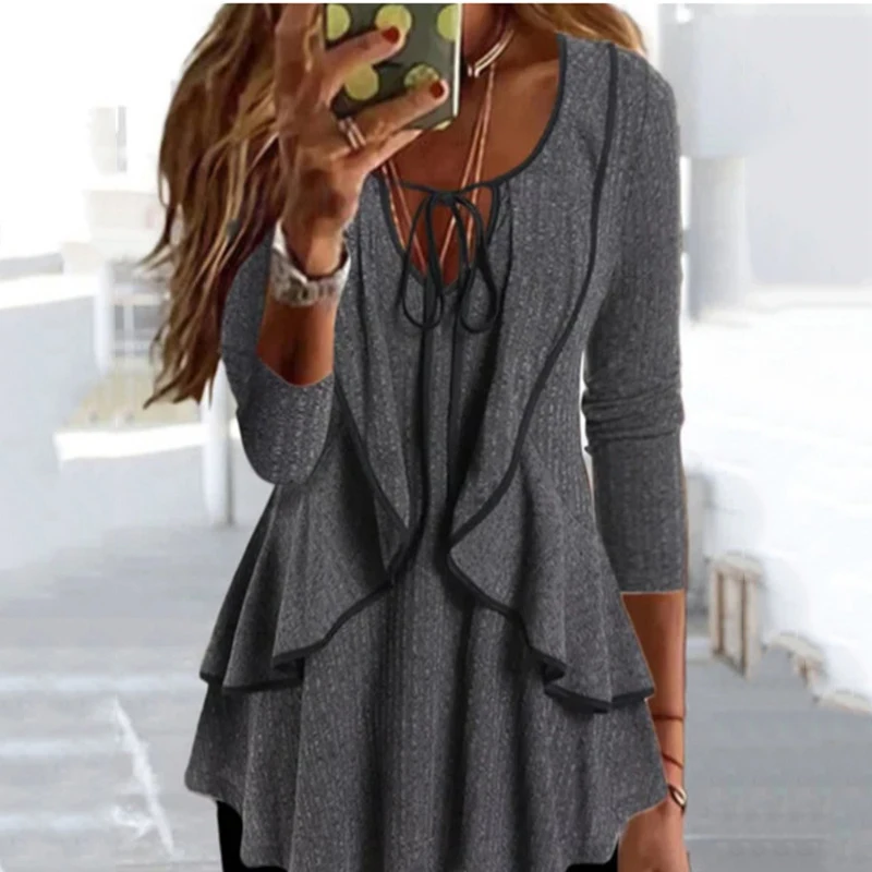 

Lady Top Spring Autumn New Solid Long Sleeve Ruffle Lace Up V-neck Patchwork Sexy Fashion Casual Commute Elegant Female T-shirt