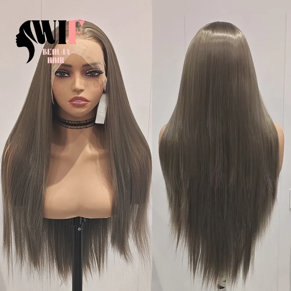 WIF Grey Brown Straight Synthetic Wig with Narutal Hairline Ash Brown Hair Heat Friendly Lace Front Wigs Women Daily Makeup Use