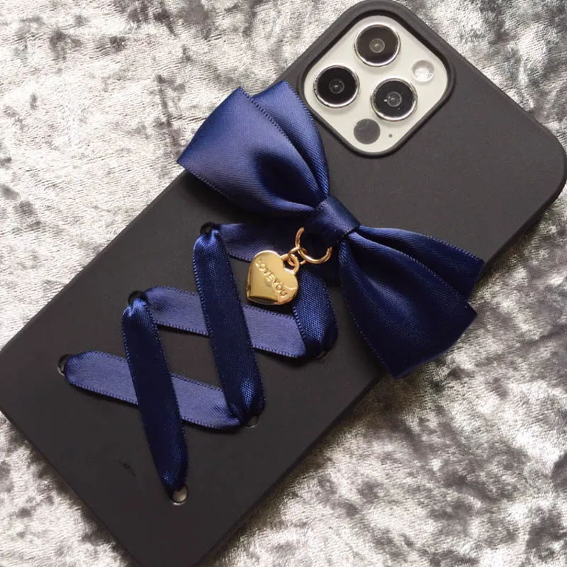 Harajuku Y2k لوليتا فتاة ثلاثية الأبعاد الشريط Bowknot جراب هاتف آيفون 16 15 برو ماكس X XS XR غالاكسي أسود لامع غطاء ناعم #3