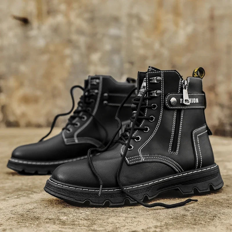 Autumn Winter Leather Ankle Boots For Men Biker Boots High Top Platform Working Shoes Men Fashion Casual Men's Motorcycle Boots