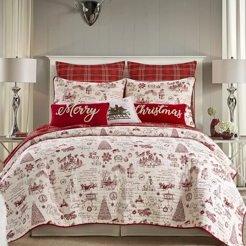 

Quilt Set - King/Cal King Holiday Quilt 106x92 and Two King Pillow Shams 36x20 Christmas Holiday Red and Cream Reversible Cotton