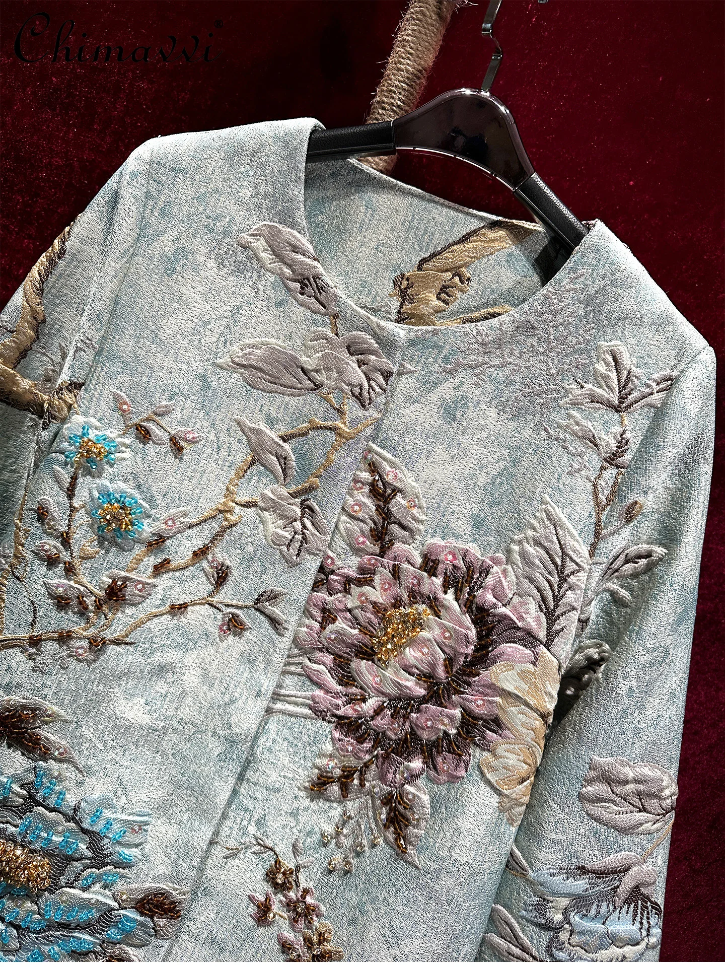 

Vintage Chinese Style Embossed Jacquard Embroidery Heavy Beading Trench Coat Women Autumn New High-end Elegant Long Coat