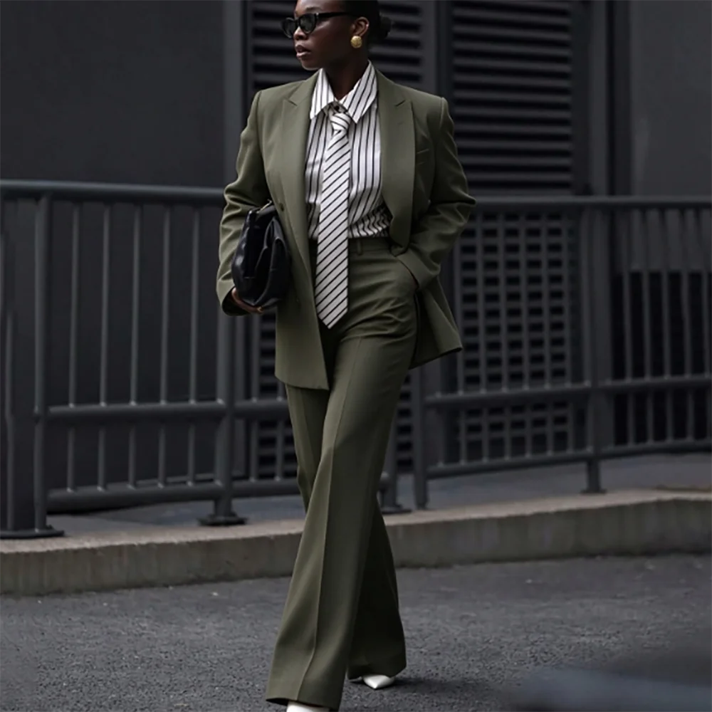Women Olive Green Oversized Blazer Flared Trousers Suit 2 Pieces Formal Office Business Streetwear Wedding Party Outfit