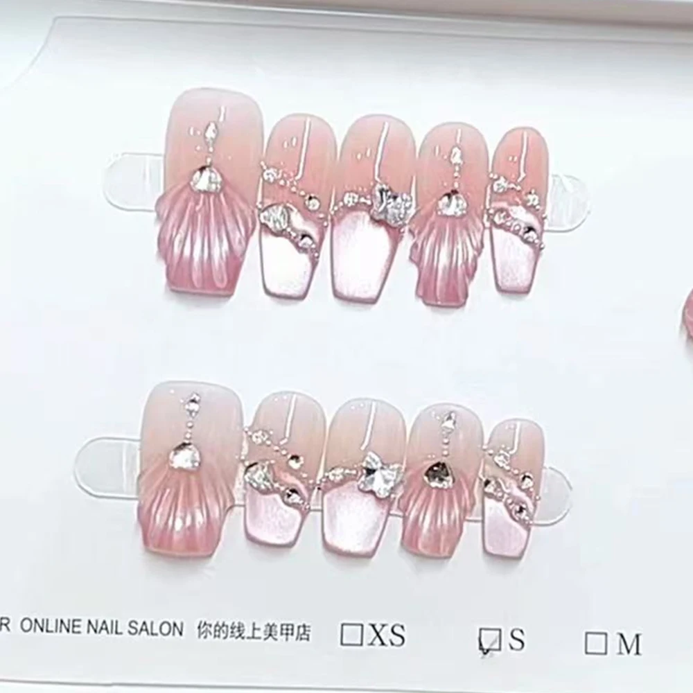 10 Buah Stiker Pesta Kuku Buatan Tangan Dapat Dipakai Mutiara Berlian Bunga Cantik Kuku Penutup Penuh Elips Peti Mati Panjang Perancis Lembut