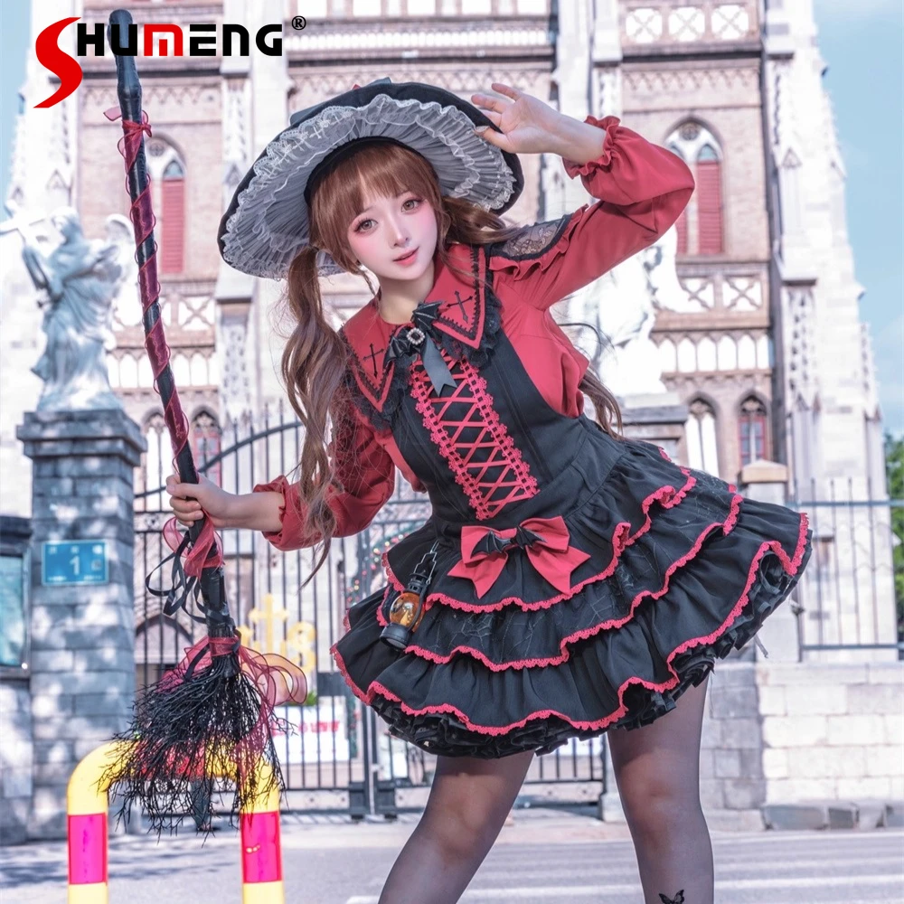 

Original Japanese Dark Witch Halloween Costume Adjustable Strap High Waist Bow A-line Sweet Cool Versatile JSK Dress for Women