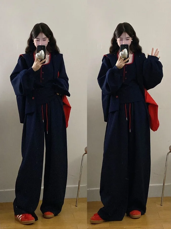 

Loose Fit Spring Set Women plus Size Early Spring Casual Wide Leg Pants Vest Three Piece Set Comfortable Lazy Style Color Block