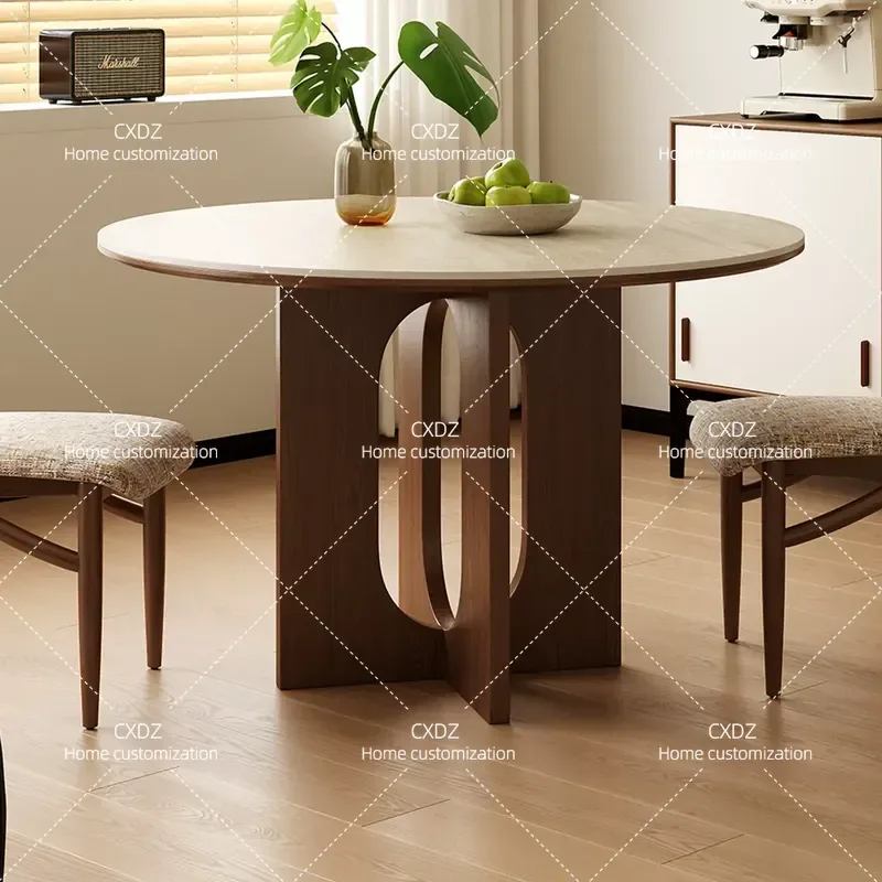 Travertine Rock Slab Solid Wood Round Dining Table Retro Style Small Apartment Medium Size Circular Dinner Table for Home