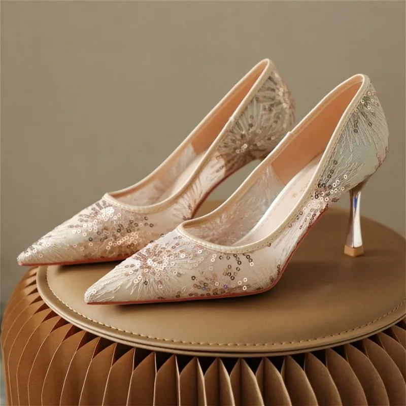 Mesh Embroidery Bling High Heels for Woman Breathable Pointed Toe Women Pumps Shallow Luxury Sexy Party Dress Shoes Ladies Talon