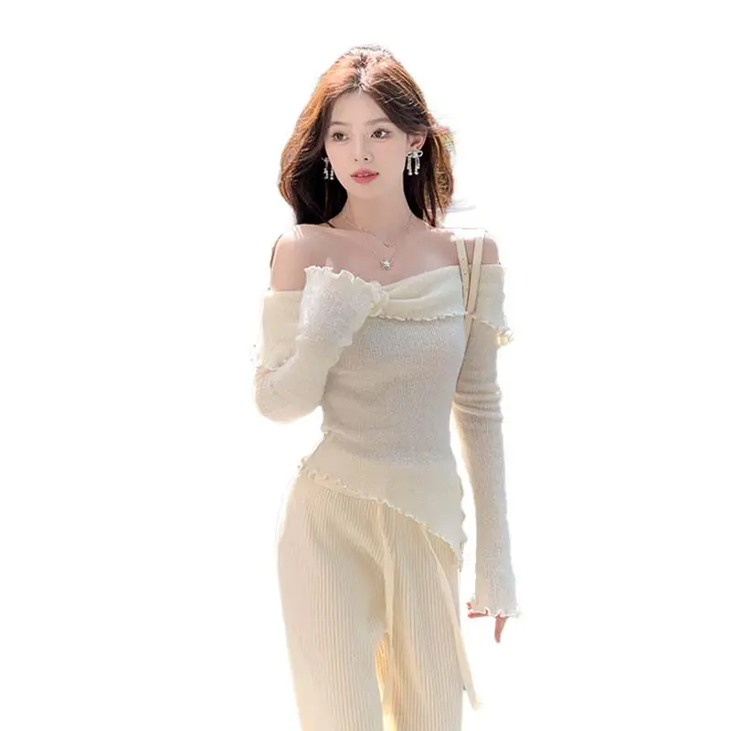 3D Rose Top for Women White Flared Sleeve Off Shoulder Tops Irregular Pullover Knitted Sweater Women\'s Clothing