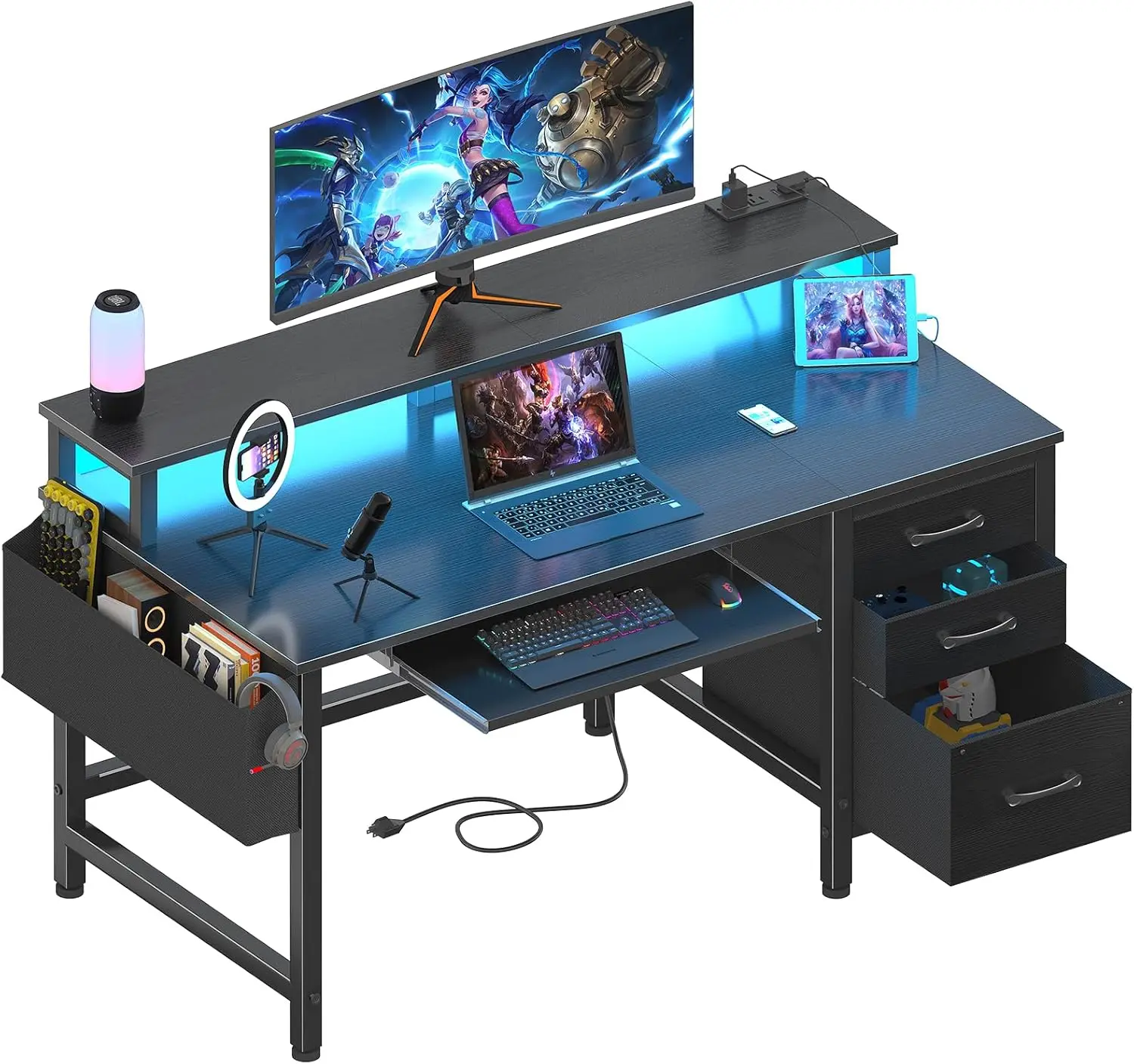 

Black Gaming Desk with Fabric Drawers - 47 Inch Black Office Desk with File Cabinet Keyboard Tray Monitor Stand Power Outlets