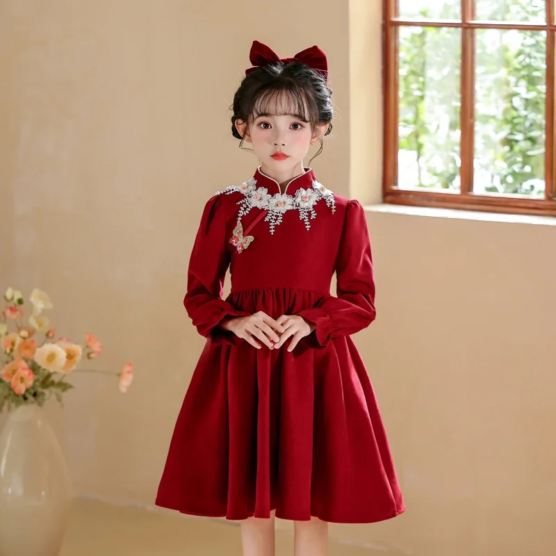 فستان الأميرة للفتيات 2025 فستان أطفال جديد نمط هانفو ملابس يومية لموسم الخريف والشتاء فستان شعور راقي