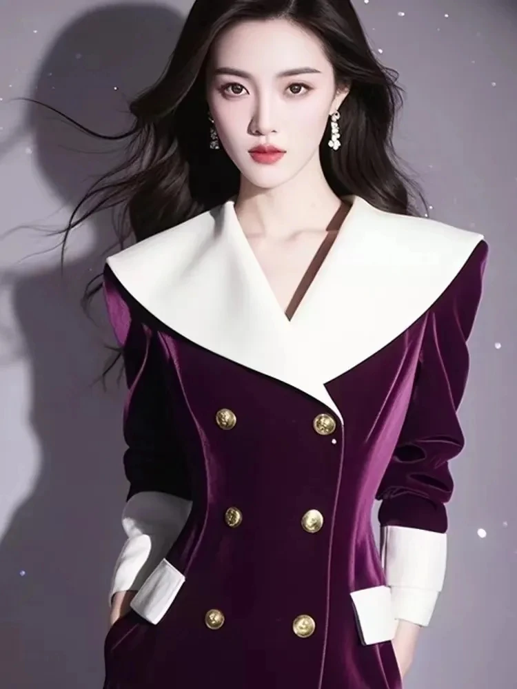 Purple Velvet Dress With Large Lapel, High-End Elegance, Autumn And Winter Long Dress, Perfect For Formal Occasions w1483