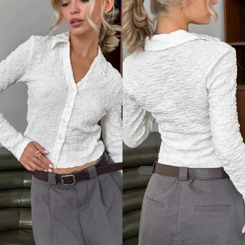 

Womens Chic White Button Shirt With V Neck And Lapel Collar Slim Fit Cropped Blouse For Autumn French Streetwear Long Sleeve Top