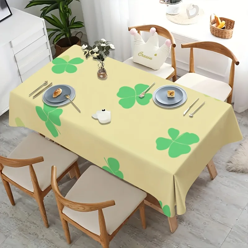 Simple Four Leaf Clover Tablecloth, Cream Base With Large Green Shamrock Print, Rectangular Table Cover for Dining Kitchen Home