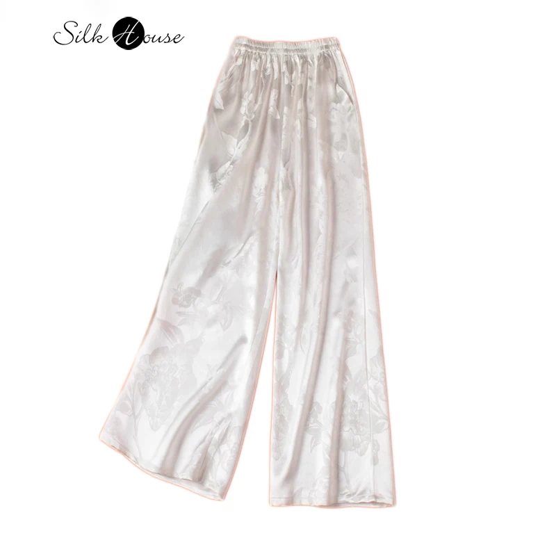 

2024 Women's Fashion Spring New 45MM Heavyweight 100%Natural Mulberry Silk Jacquard Satin White Versatile Wide Leg Pants