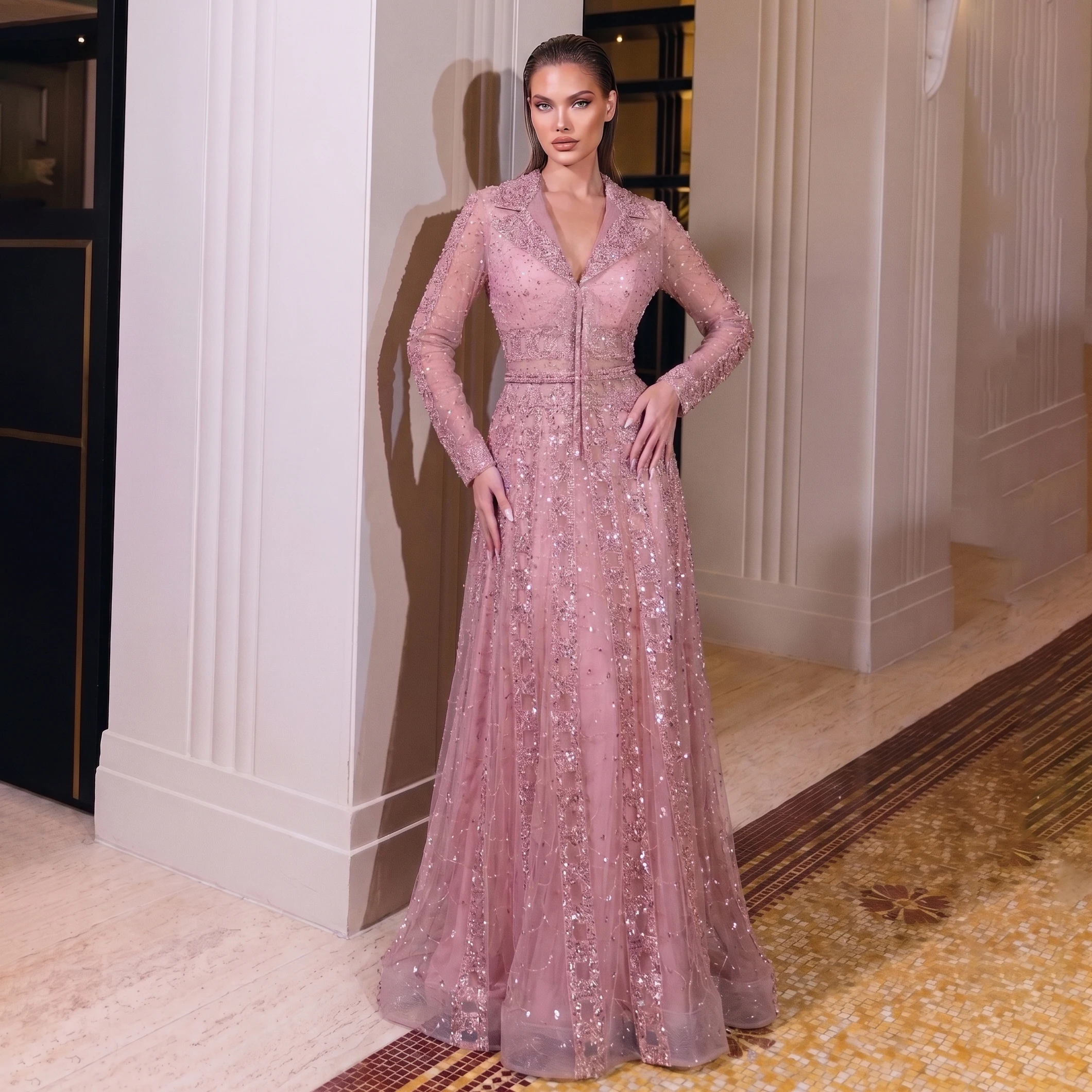 Sharon Said Elegant Formal Evening Dress for Women Long Sleeve Luxury Beaded A Line Wedding Guest Party Gowns SS419 Customized