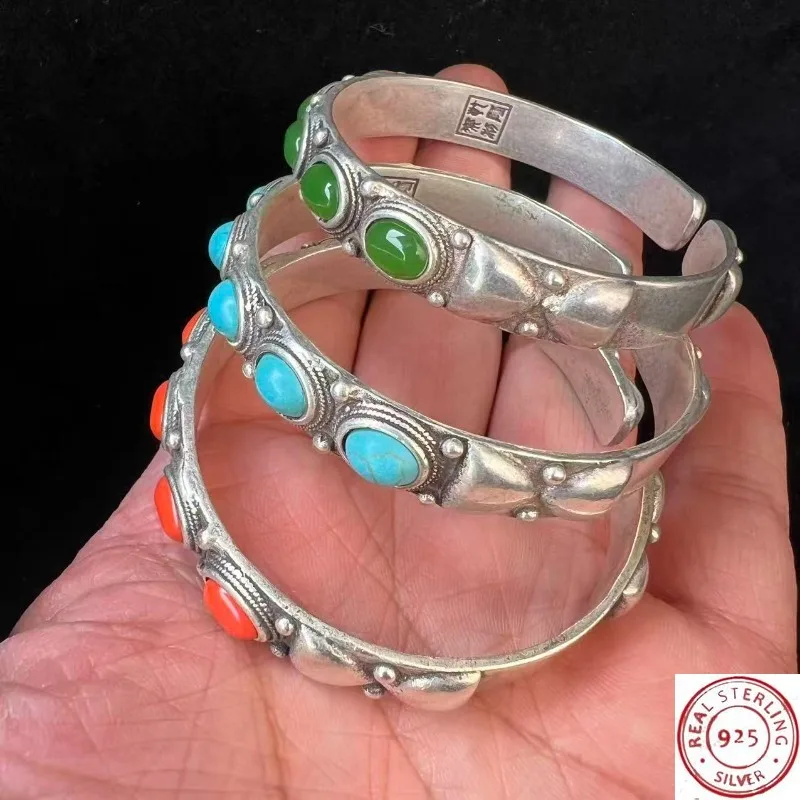 

2026 Hot Selling Tibetan Silver Bracelet, Red Green Blue Stone Inlay, Multi-Color Optional, Ethnic Style Jewelry for Women