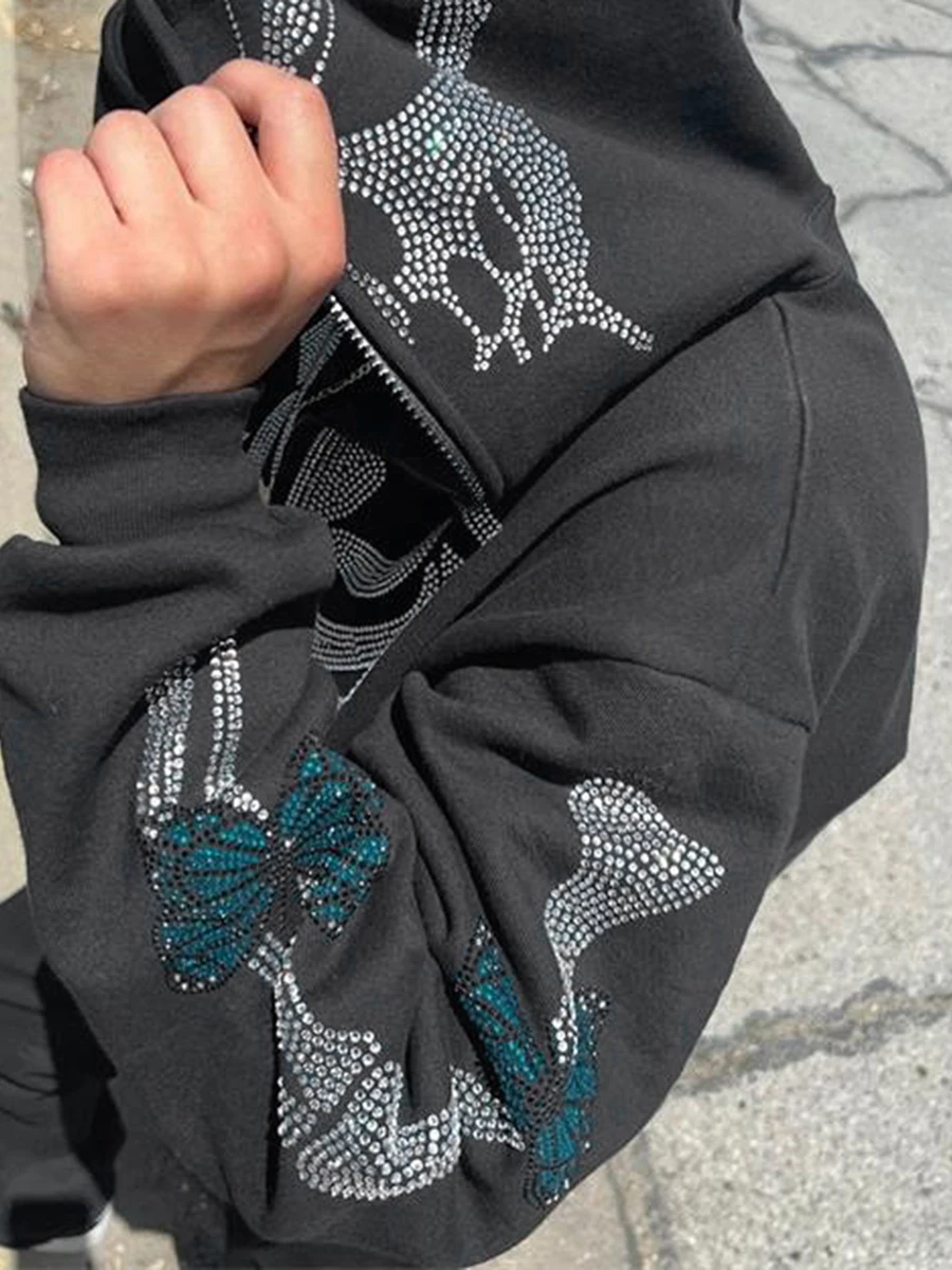 Felpe con cappuccio scheletro di strass di Halloween per donna uomo Y2k Full Zip Up Punk Goth giacca in felpa con cappuccio estetica