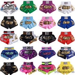 Pantalones cortos de Muay Thai para hombres, mujeres y niños, ropa de entrenamiento de artes marciales de combate, boxeo, gimnasio, Kickboxing, tela satinada