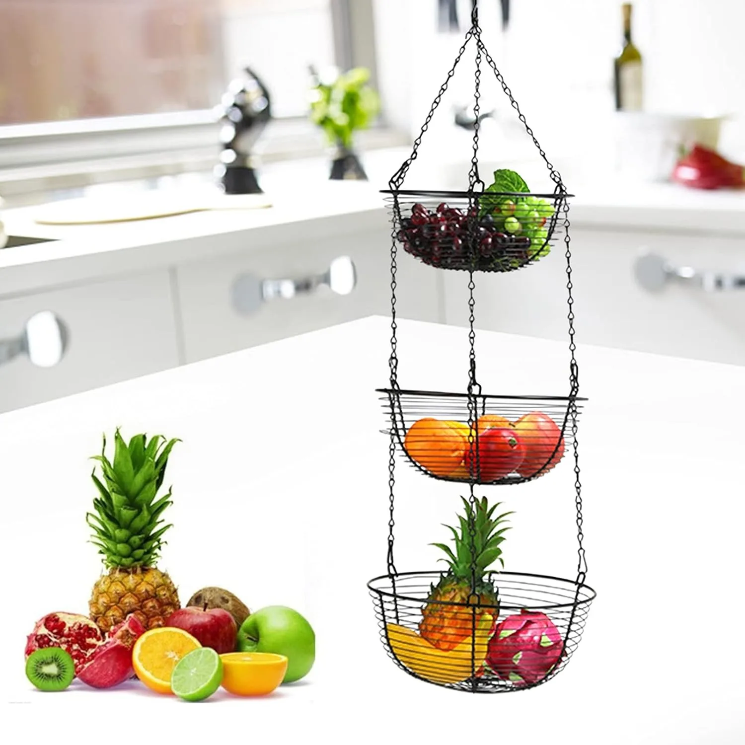 Hanging Basket 3 Tier with Hooks, Iron Baskets, Fruit Basket, Metal Vegetable Basket for Kitchen, Vegetable Bread Organiser