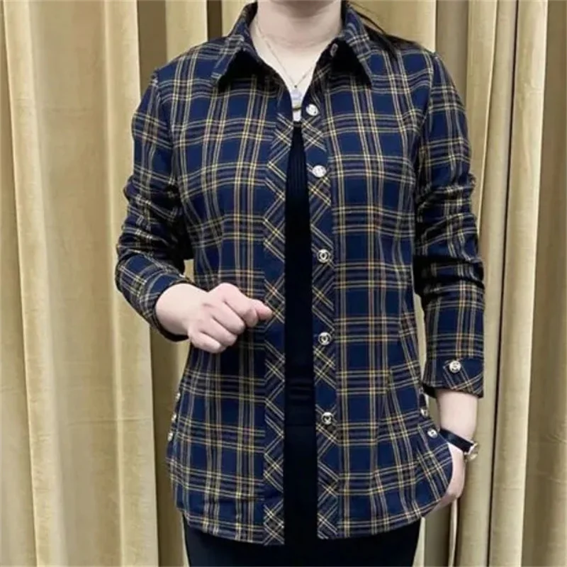 2024 Spring Autumn New Shirt Feminine Cotton Plaid Coat Middle-Aged Old Women Large Size Jacket Western Style Blouse Ladies Tops