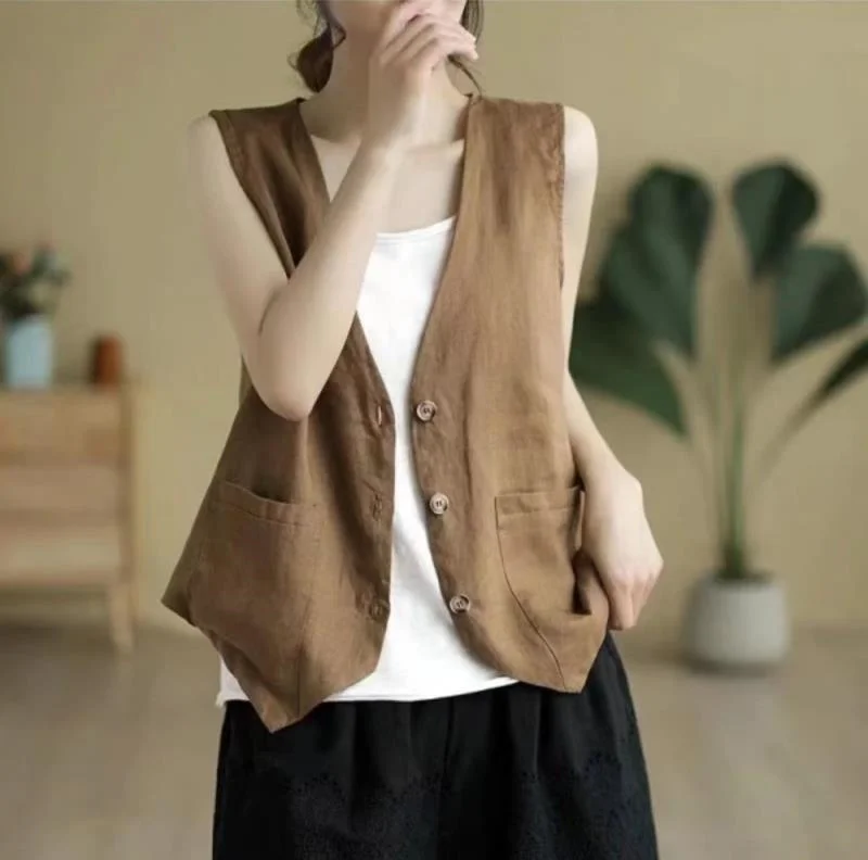 2025 Retro Loose Waistcoat Lady Outerwear Single Row Buckle Cardigan Vest Women Coat Solid Color Short Sleeveless Female Jacket