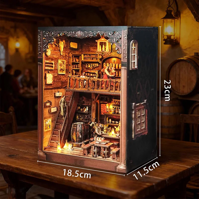 Medieval Tavern Book Nook Kit Wooden DIY with LED Light Gift for History Lovers Retro Home Decor