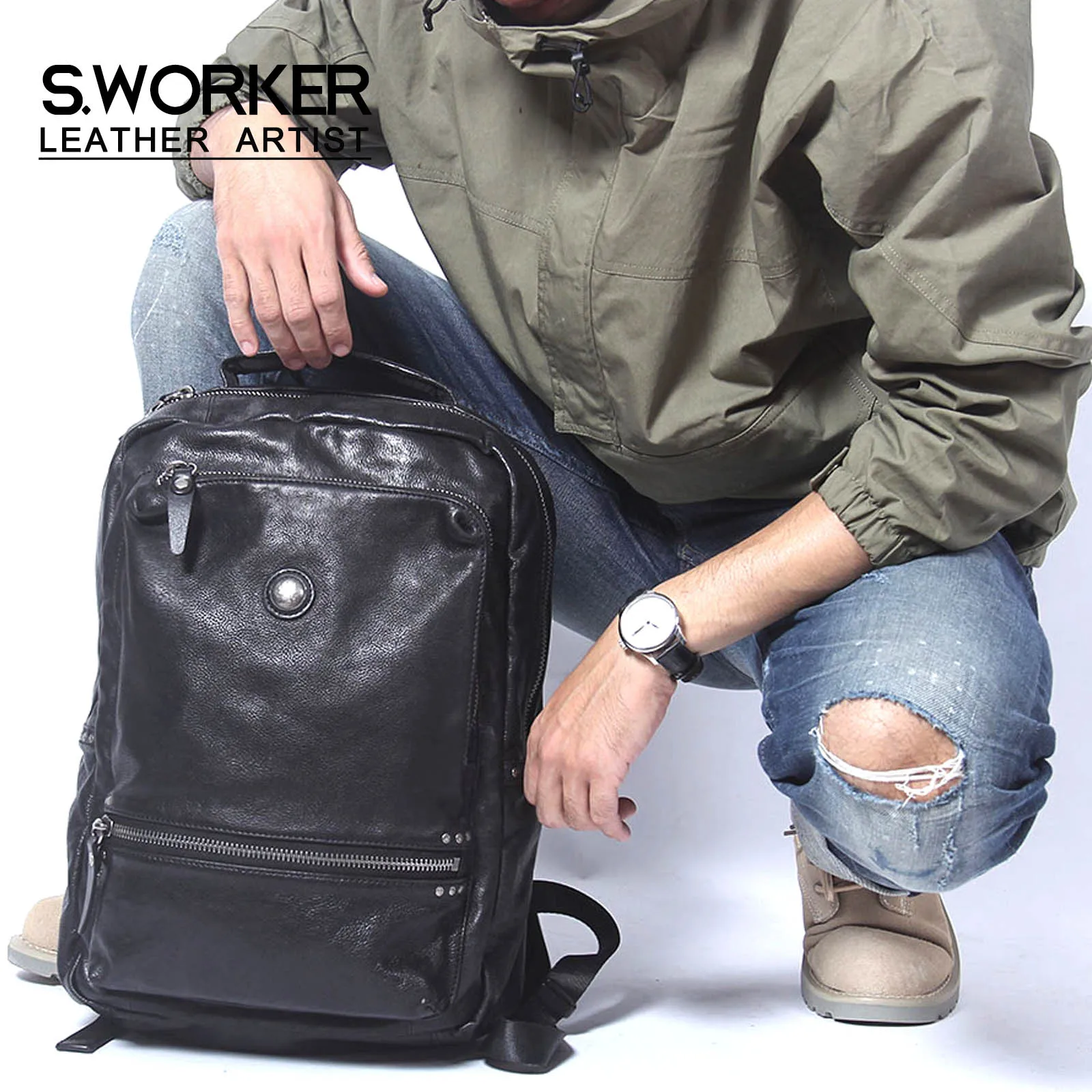 S.WORKER Lässiger Rucksack aus echtem Rindsleder, Herren-Laptop-Rucksack, Tagesrucksack mit großer Kapazität, Reisetasche, Schultasche – Detail 2