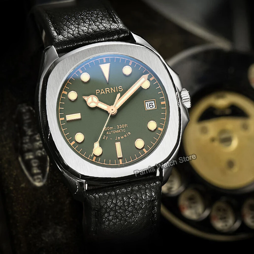 Parnis 39mm Geen Dial Mens นาฬิกาข้อมือคริสตัลแซฟไฟร์สแตนเลสสตีลนาฬิกาอัตโนมัติพร้อมสายหนัง