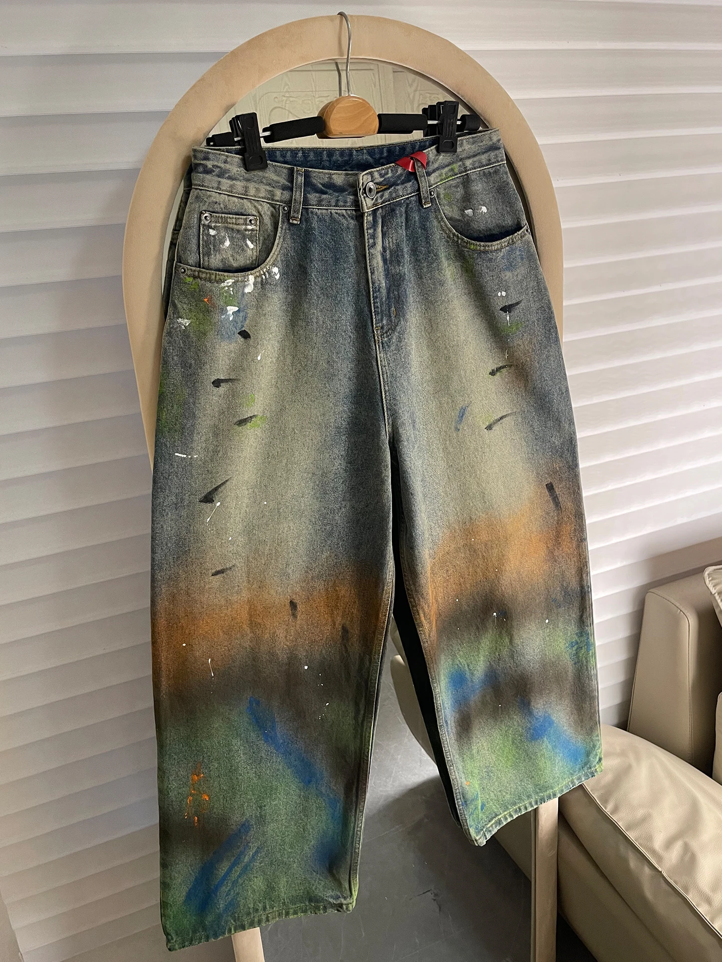 

Parisian Waed Vintage fiti Jeans Men Women Loose Wide Leg Floor-Length Casual Trousers American Sle Youth Faion