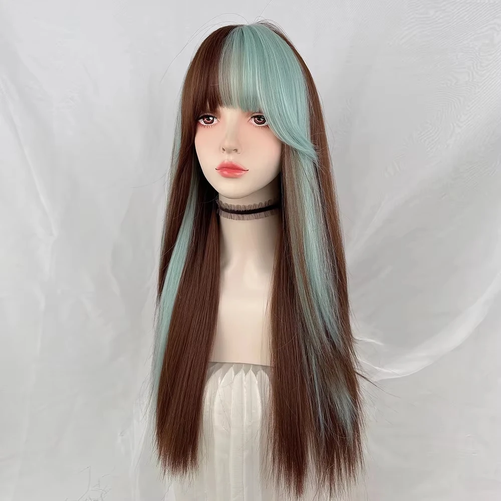 GAKA الاصطناعية طويلة مستقيم الأخضر البني الطبقات أومبير مزيج شعر مستعار لوليتا تأثيري المرأة شعر مستعار رقيق للحزب اليومي