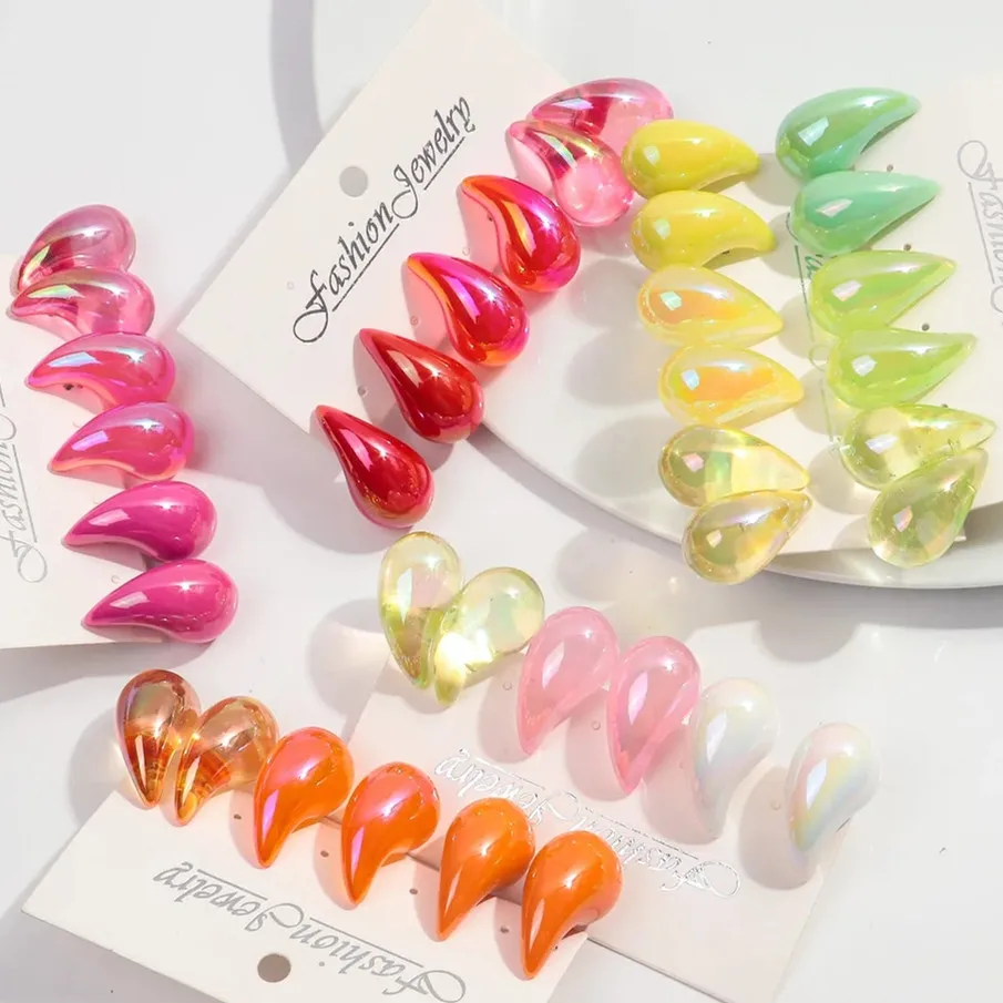 3pairs Iridescent Acrylic Chunky Water Drop Earrings Dupes for Women Korean Fashion Teardrop Hoops Hot Sale Jewelry Lightweight