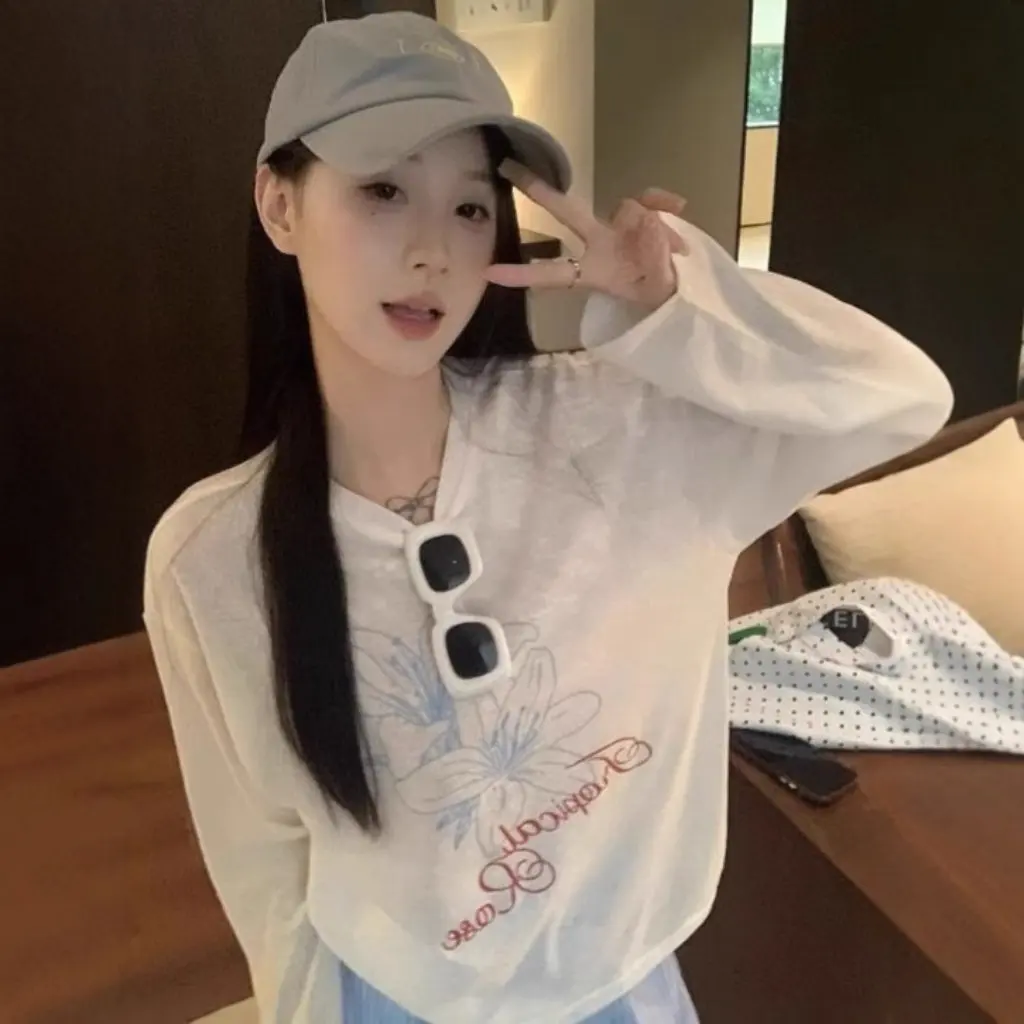 

Women's Lazy Style Long-Sleeved round Neck Printed T-shirt Summer Casual Loose Slimming Sunscreen White Thin Blouse Top