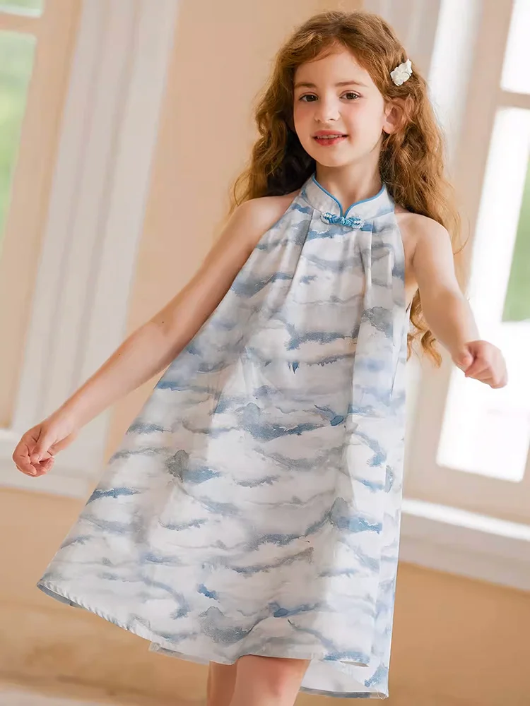 Baby Girls Dresses 100% Cotton Chinese Style Cheongsam Summer Vest Chi-pao Dress Simple Daily Kids Wear 110cm 170cm Light Blue