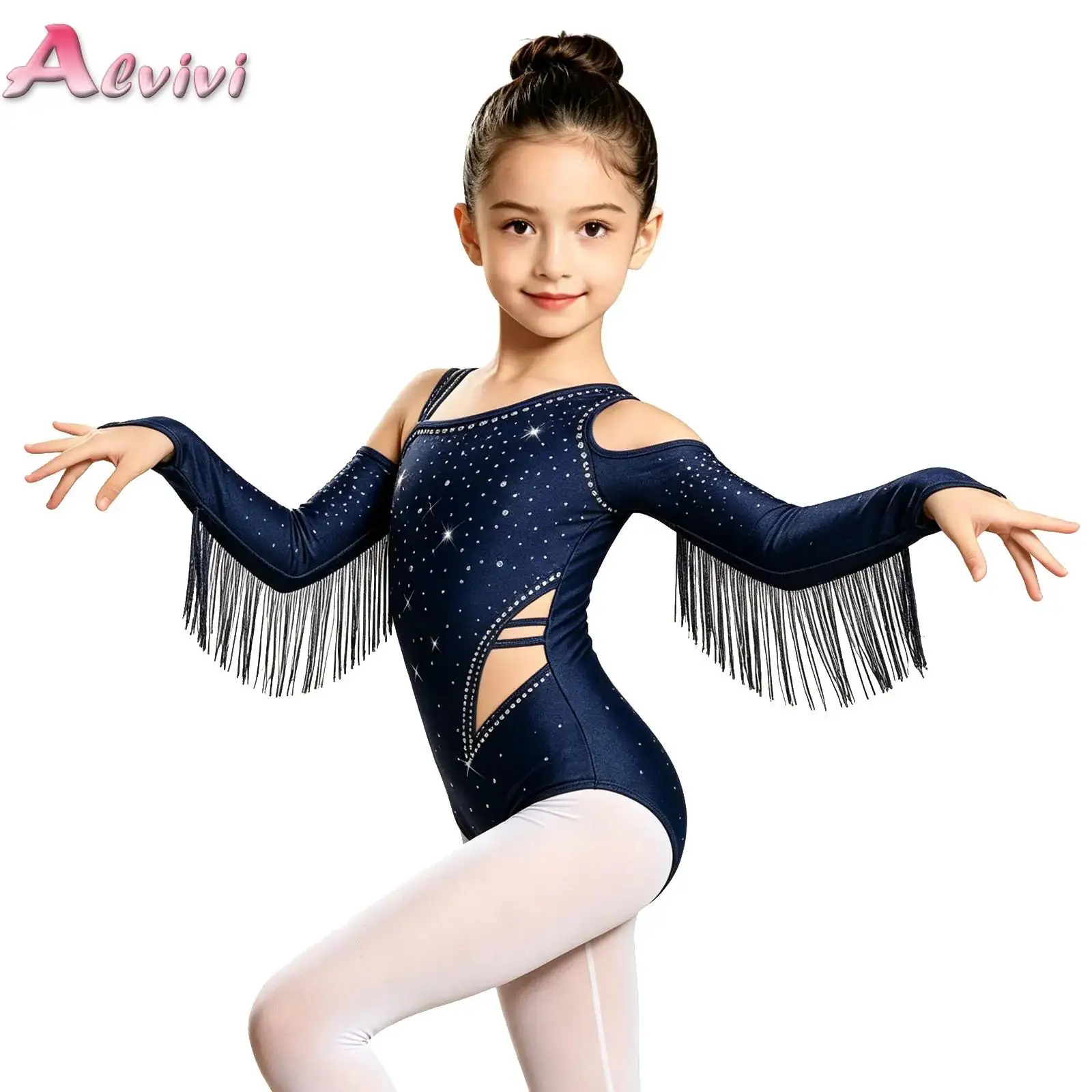 Kids Girls Tassels Long Sleeve Rhinestones Leotard Press Button Crotch Bodysuit Dancewear for Latin Ballet Dance Performance