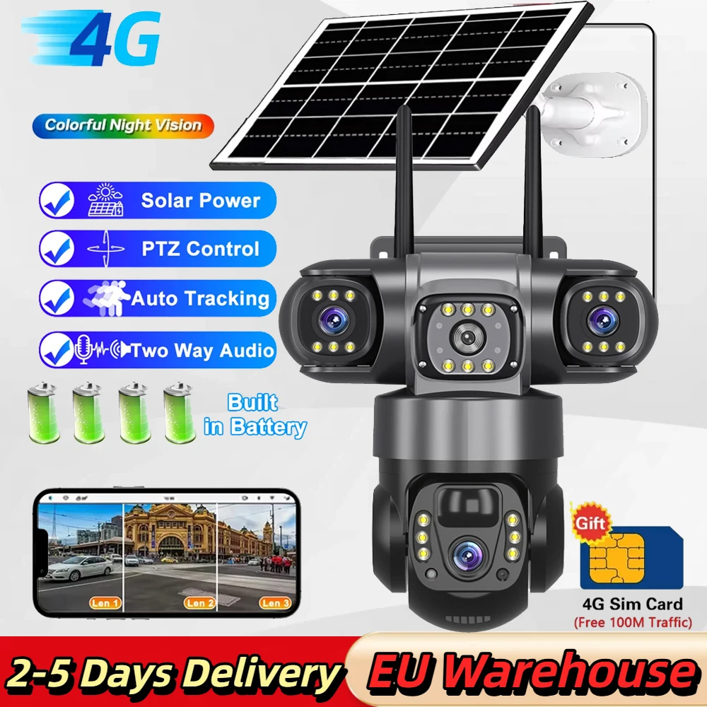 Europäisches Überseelager V380 Pro 4G LTE Solar-Dreifach-Objektiv 15MP PTZ-Kamera mit automatischer Verfolgung, IP66 wetterfest, Zwei-Wege-Audio, Outdoor-Überwachungskamera
