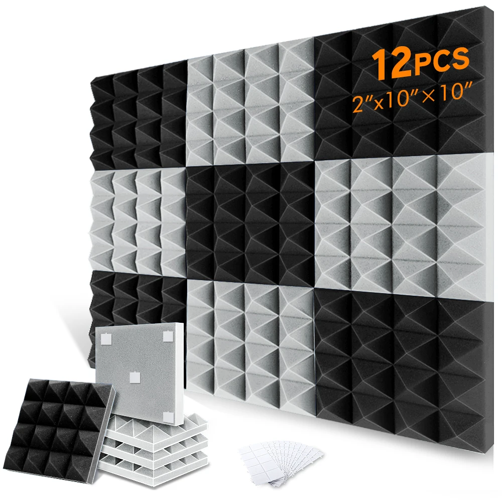 

Acoustic Foam Panels, 12-Pcs Pyramid 4-Tier Wall-Mounted High-Density Soundproofing Foam Panels Home Renovation Soundproofing De