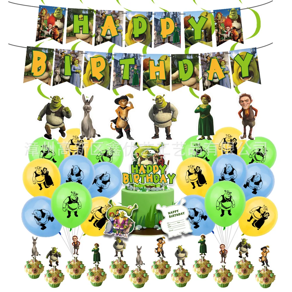 Fournitures de décoration de scène d'anniversaire à thème Shrek Cartoon Anime, bannières, ballons, ensemble de fête à tirer avec sensation