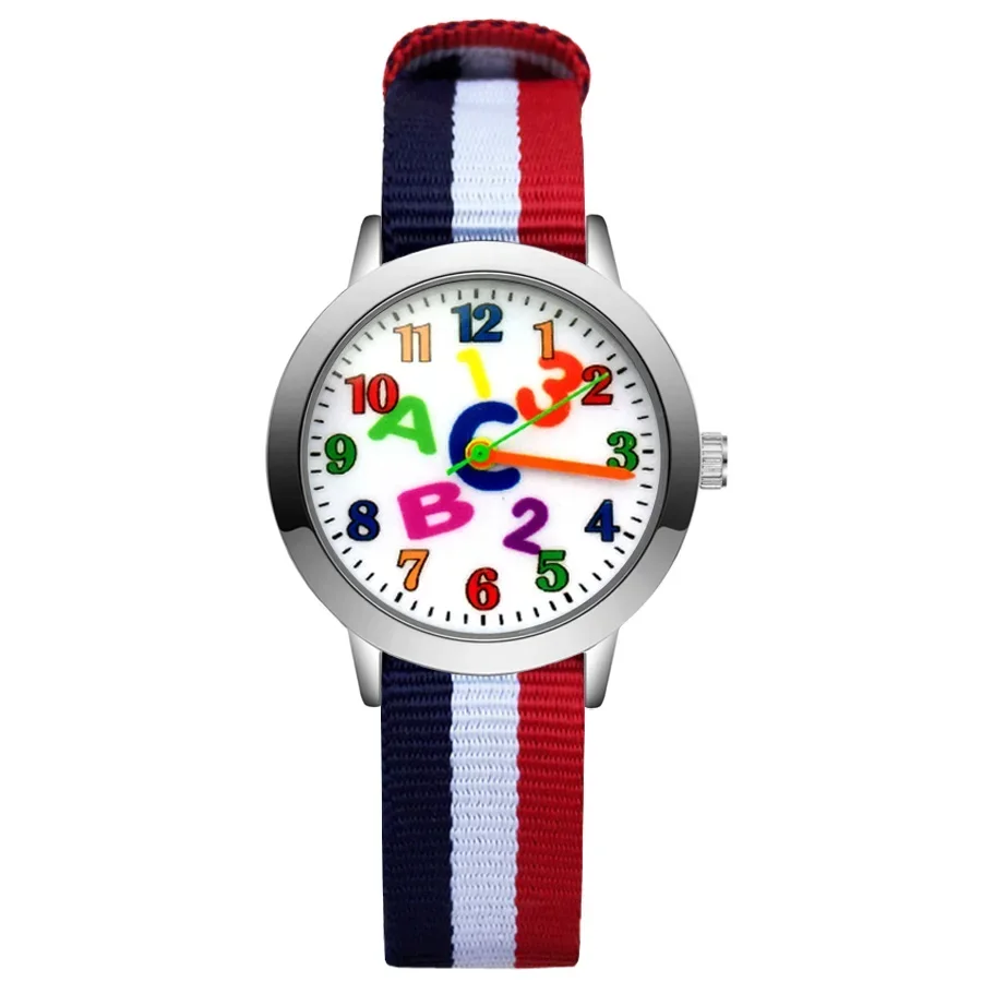 Montre arc-en-ciel en cuir à quartz pour enfants, bracelet en nylon, lettre de dessin animé, marque haut de gamme, vente en gros d'usine, étudiants, filles, garçons