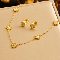 Yupsk 2Pcs/Set Stainless Steel Zircon Four-Leaf Flower Necklace And Earrings Set Fashion Jewelry For Ladies