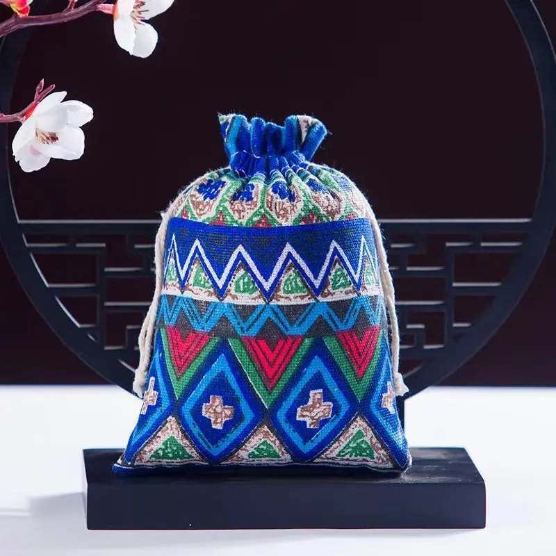 50pcs/lot 10*14 13*18 15*20cm Reusable Cotton Linen Drawstring Bag Ethnic Style Print Pouches Candy Jewelry Party Gifts Bags