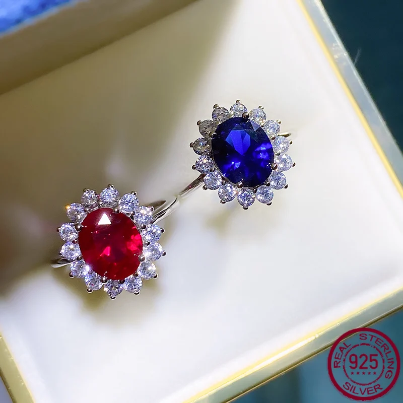 

New 3-carat Diana style pigeon blood red ring S925 pure silver colorful treasure pigeon egg royal blue daily wedding jewelry