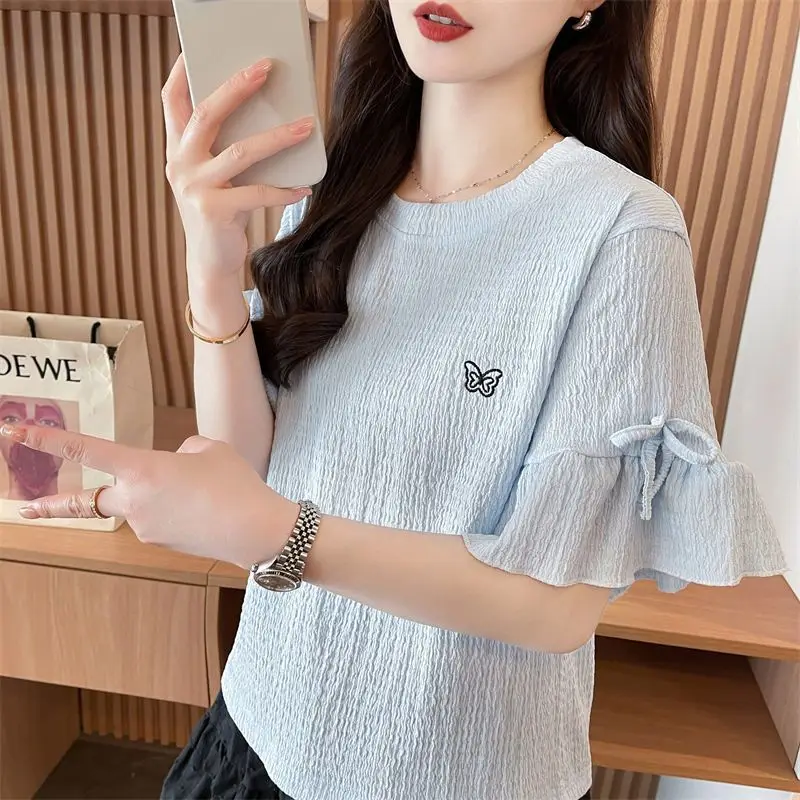 

Lotus Leaf Sleeve Short Sleeve T-shirt for Women in Summer Korean Loose Large Size Women's Contrasting Small Top